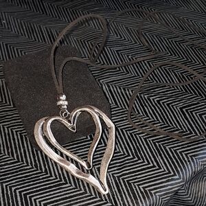 Silver Double Heart Necklace with Polished Finish & Black Rope Chain